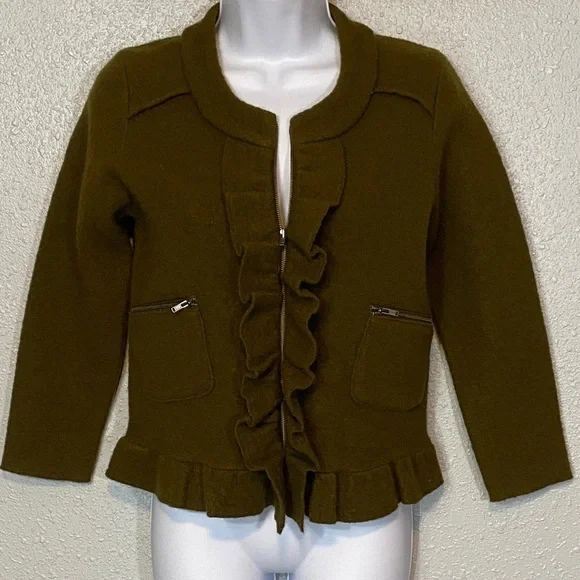 LOFT 100% Merino Wool Olive Green Ruffle Front Women's Jacket/Cardigan - Picture 2 of 8